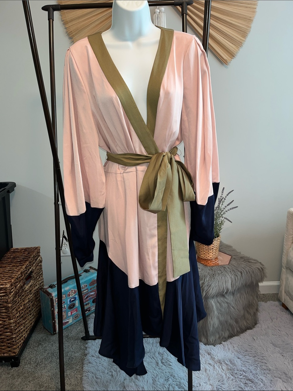 BCBGMaxAzria Pink, Navy & Olive Asymmetrical Wrap Dress